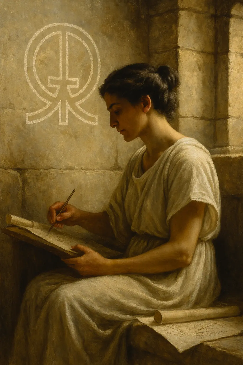 Hypatia writing beside the Lukman Clark emblem