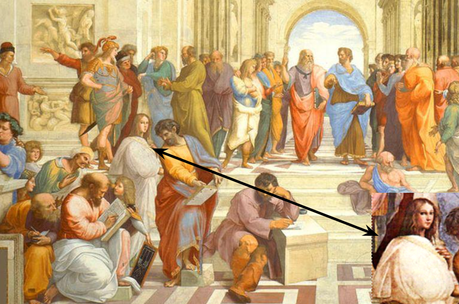 Detail from Raphael's School of Athens with an assumed portrait highlighted