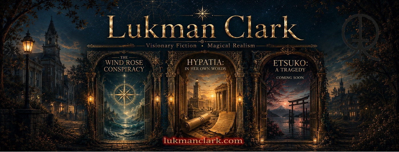 Three ornate doorways opening into the worlds of The Wind Rose Conspiracy, Hypatia: In Her Own Words, and Etsuko: A Tragedy