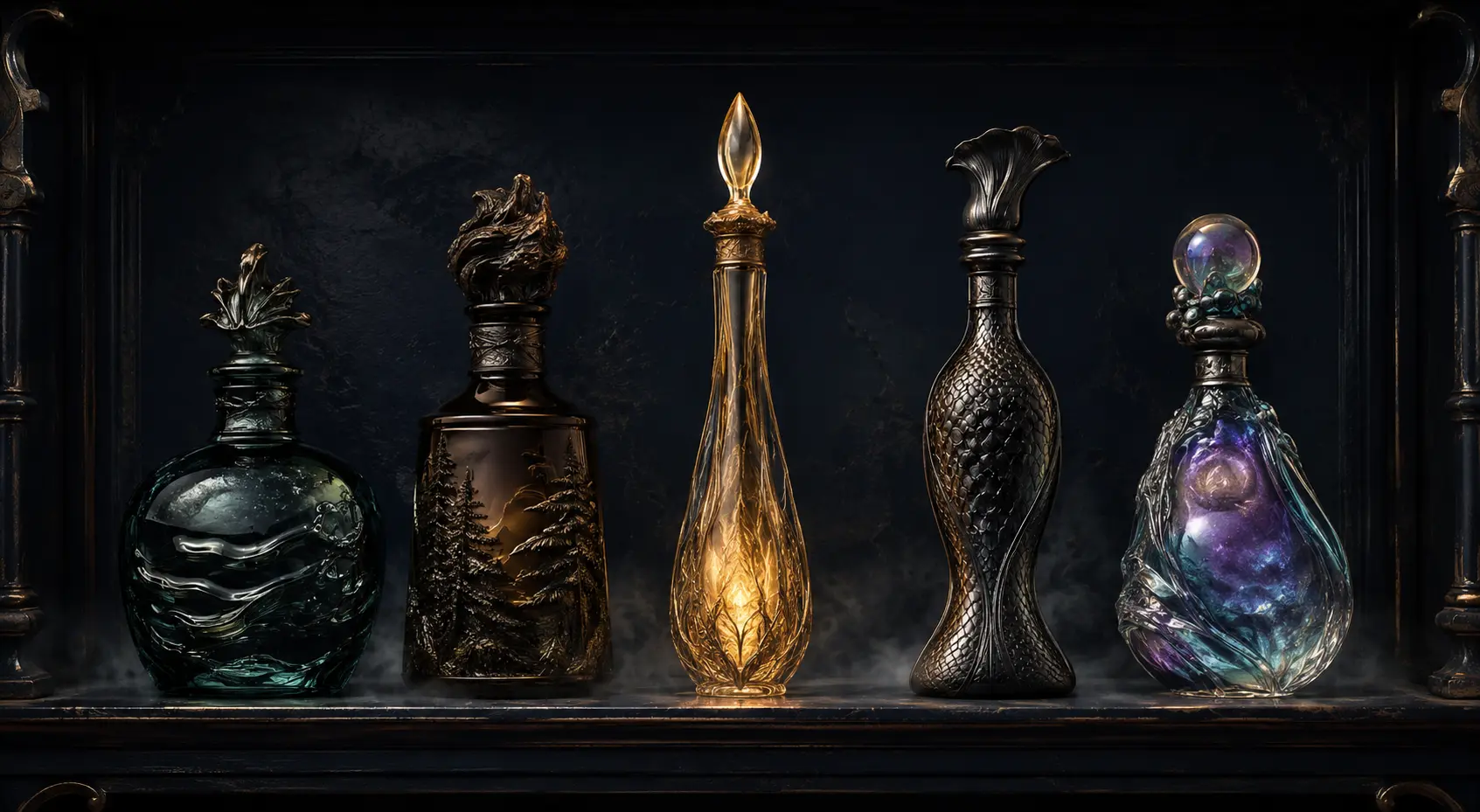 Five ornate perfume bottles inspired by Australian cryptids
